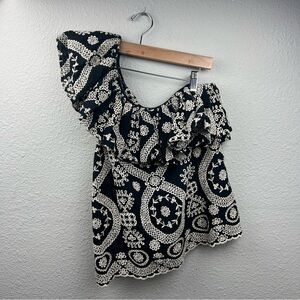 LoveShackFancy Tanya Top Black Eyelet Lace One Shoulder Ruffle Black Cream Sz S